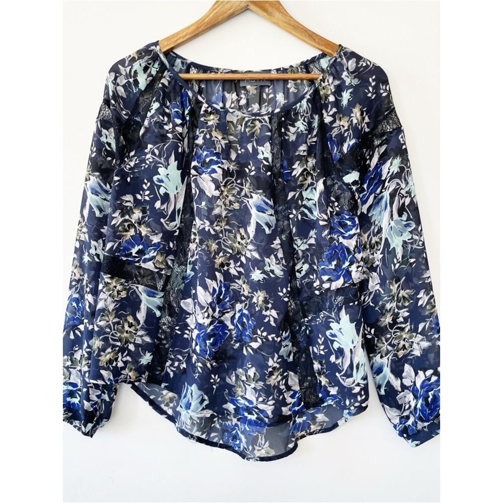 Astr Navy Floral Sheer Blouse with Lace Accents Size XS EUC